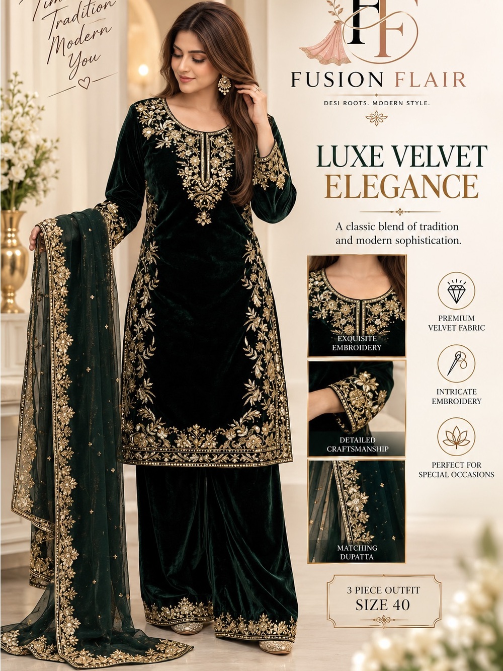 Luxe Velvet Elegance Women's Dress - Dark Green with Gold Embroidery Size 40